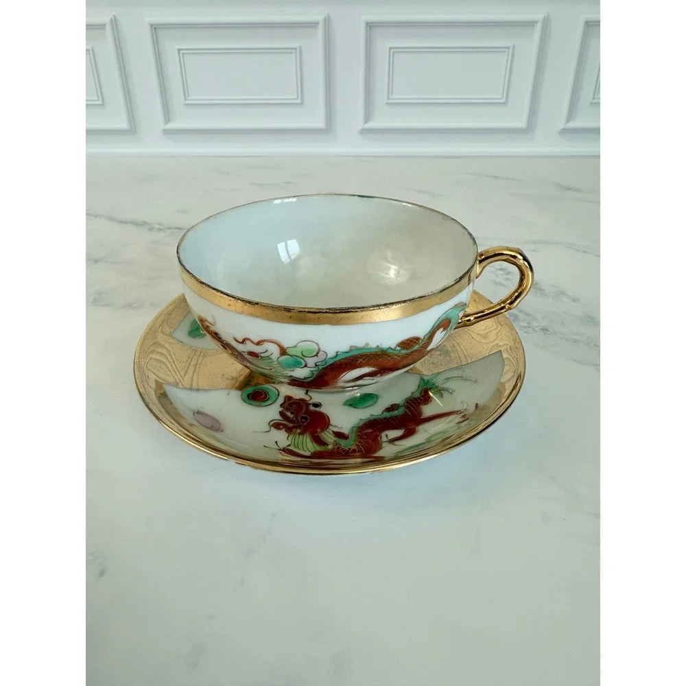VTG Asian DragonWare and Phoenix 22K Gilded Teacup and Saucer